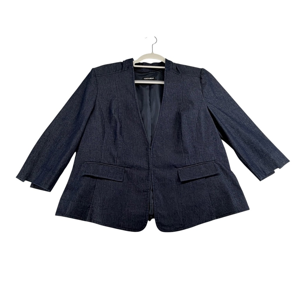 Fashion Bug Denim Blazer Fitted Jacket Women 16 Stretch 3/4 Sleeves Dark Wash